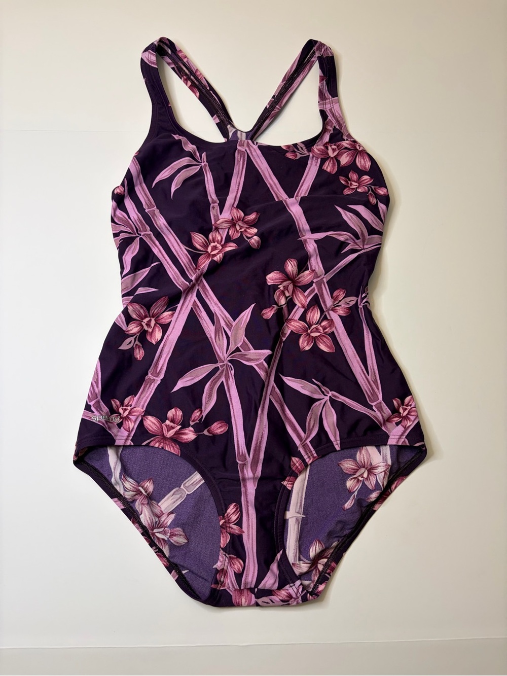 Speedo One Piece Swimsuit Purple Bamboo Orchid Floral Print Sz 12